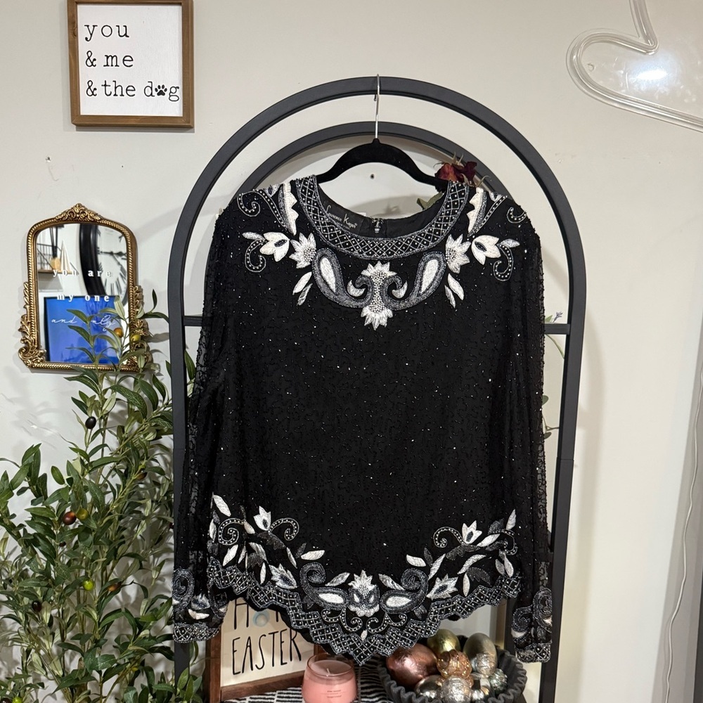 Laurence Kazar Black and White Embellished Blouse